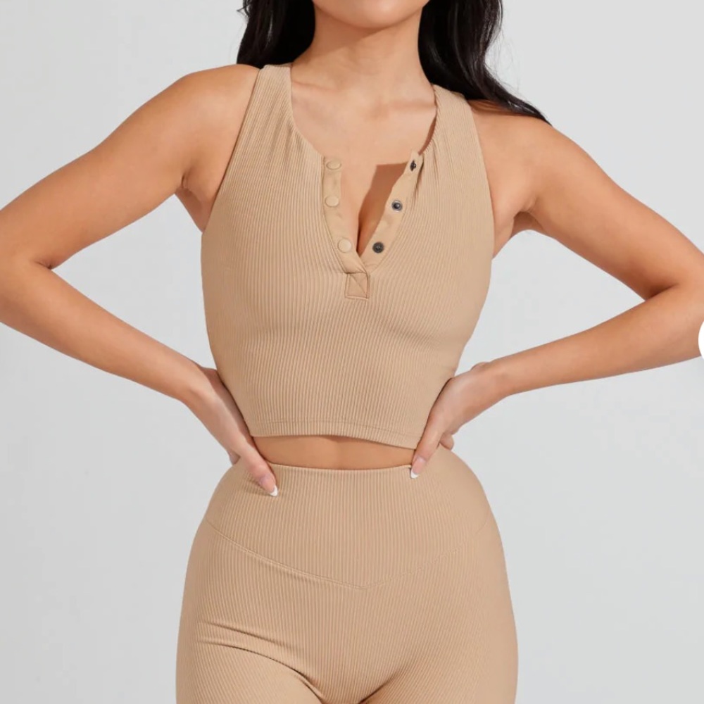 BuffBunny Ribbed Henley Crop Top in Beige